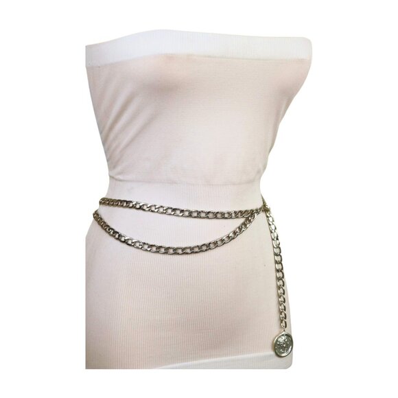 Women Silver Metal Chain Link Belt Hip High Waist Medallion Coin Charm M L XL main image 4